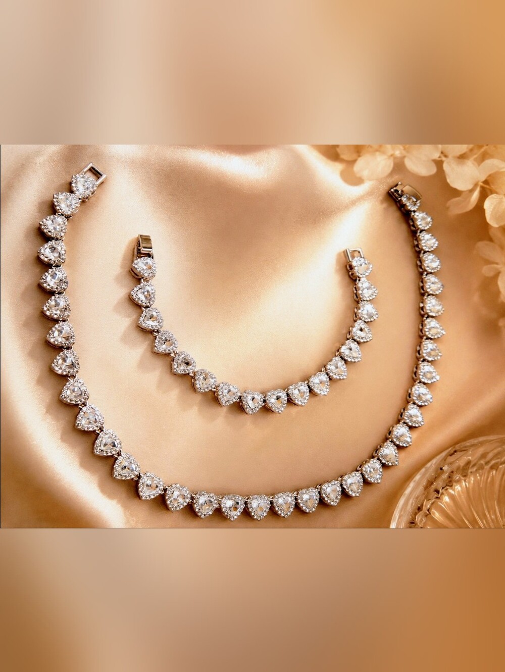 Crystal Heart Tennis Necklace And Bracelet Set- Clear Austrian Crystal Silver